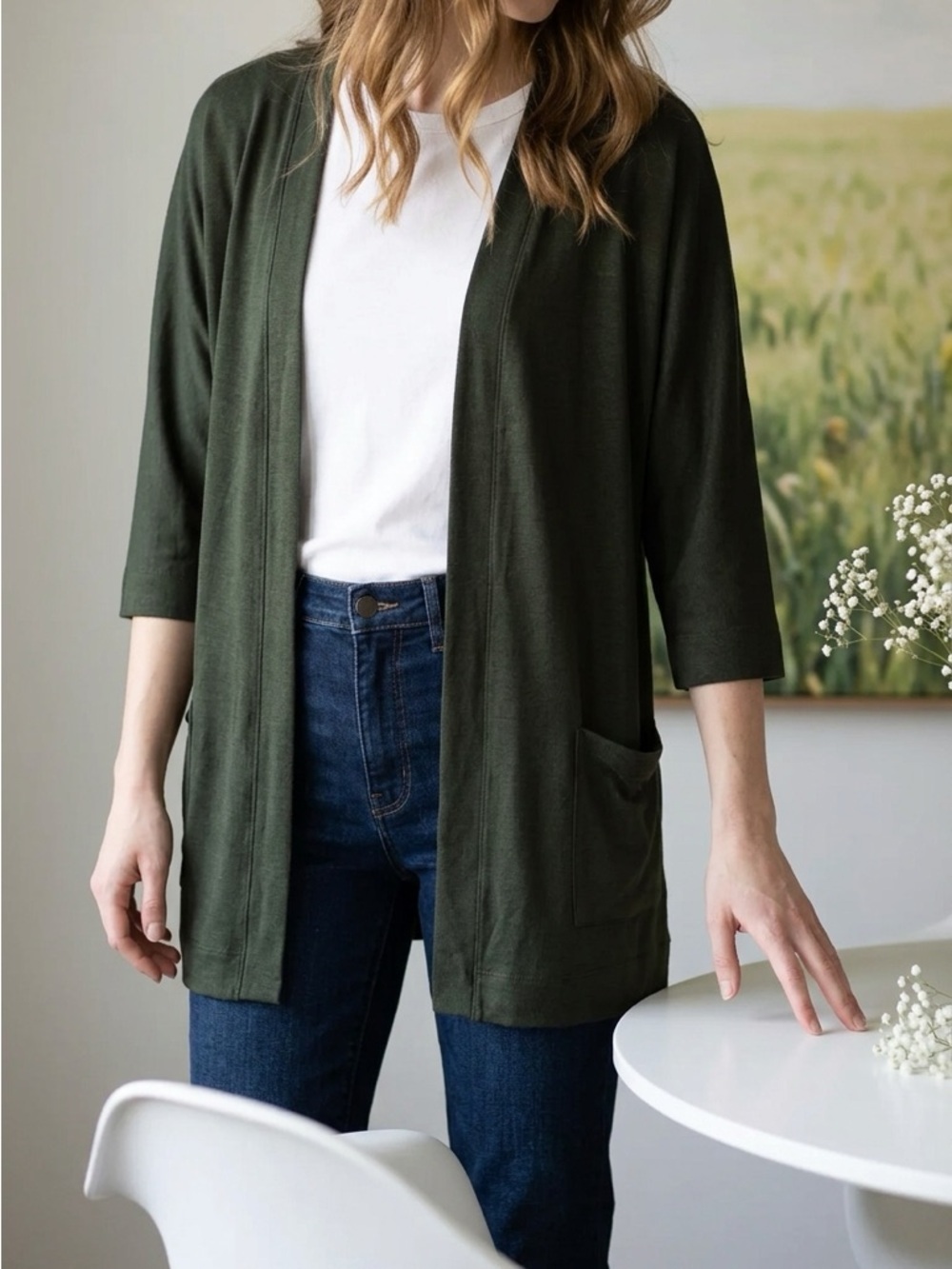 Olive Green Open Front Cardigan | Lightweight Layer | Front Pockets | M-L